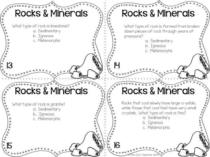 Rocks and minerals worksheet pages with questions