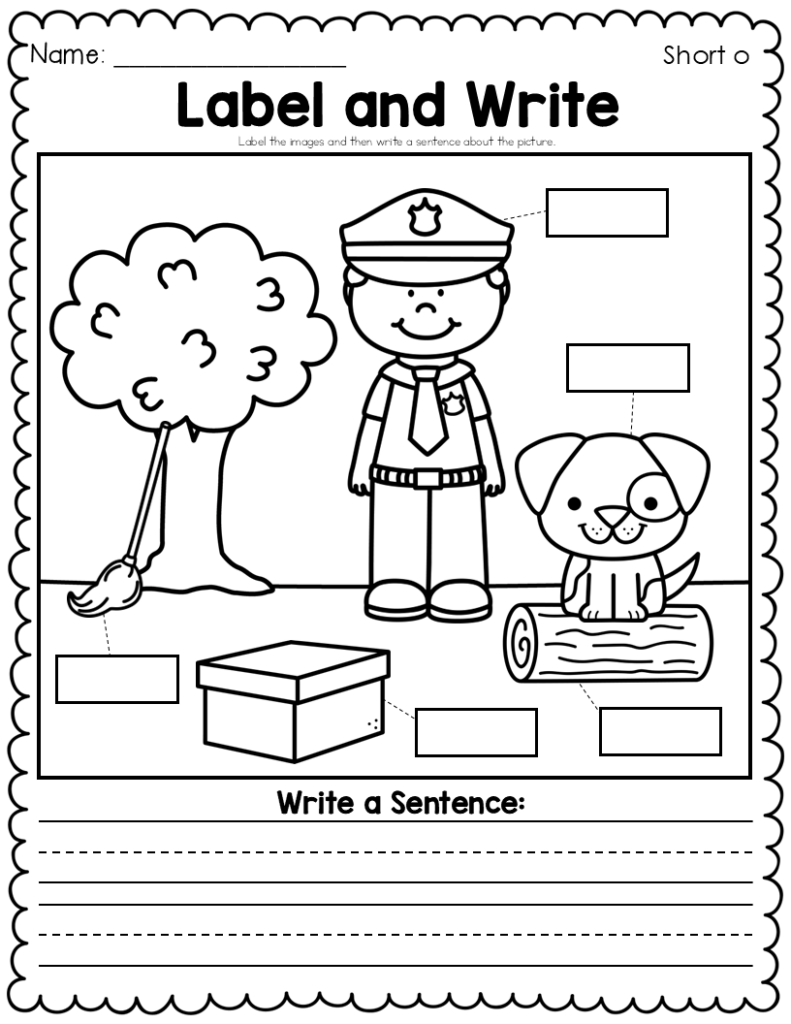 Printable worksheet with police officer, dog, tree, box, and log