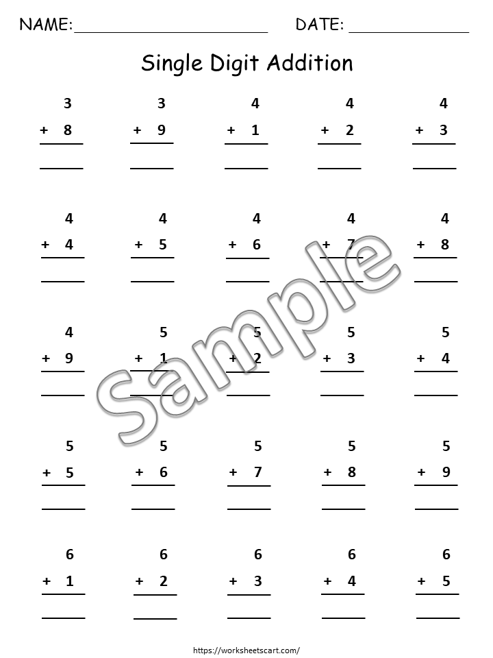 Single digit addition worksheet with sample watermark and lines