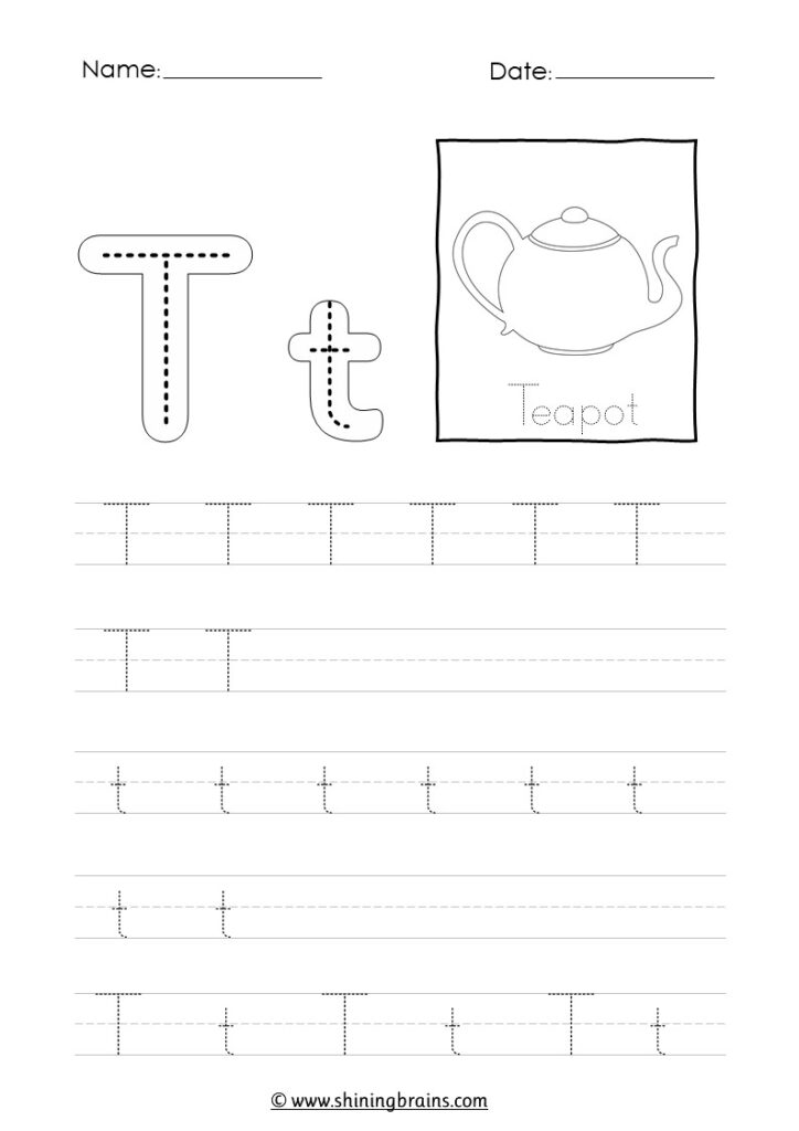 Letter T and t tracing worksheet with teapot