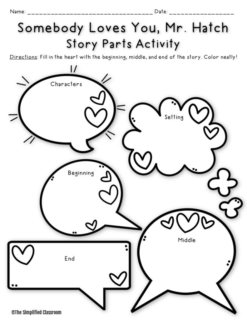 Printable story parts worksheet with heart-decorated speech bubbles