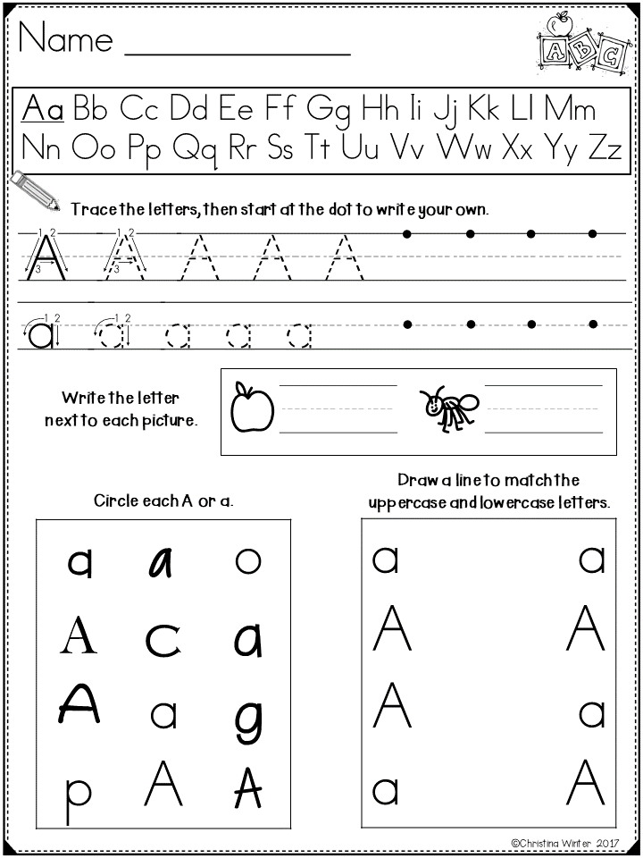 Alphabet tracing and matching worksheet with letter A activities