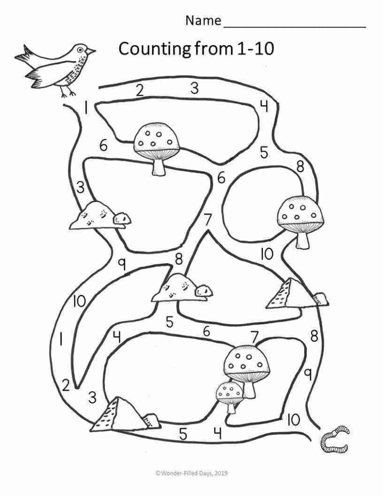 Number-tracing worksheet with bird, mushrooms, and numbered paths