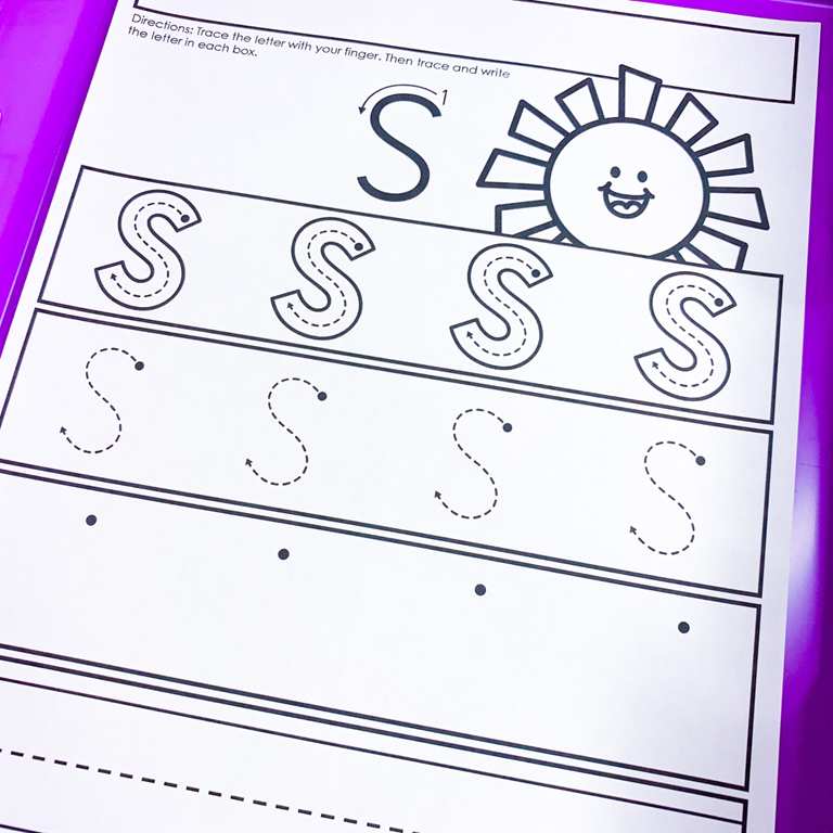 Letter S tracing worksheet with smiling sun drawing