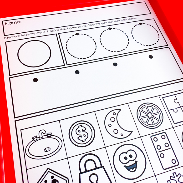 Shape-tracing worksheet with circle, dots, and icons