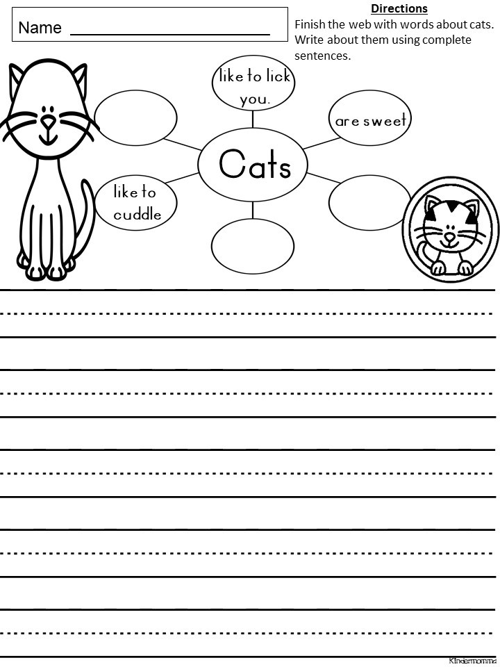 Cat-themed worksheet with blank lines and speech bubbles