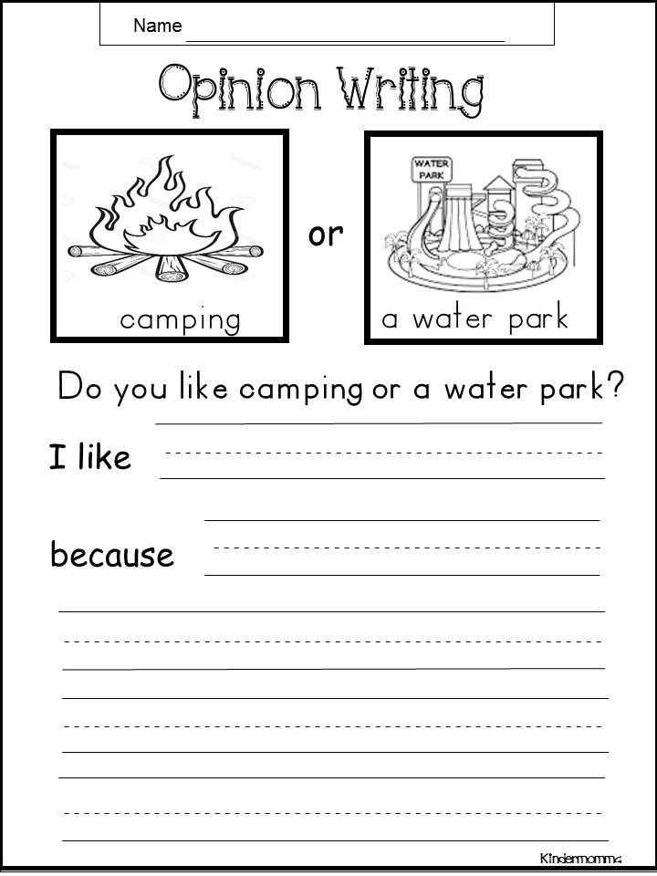 Opinion writing worksheet with camping and water park pictures