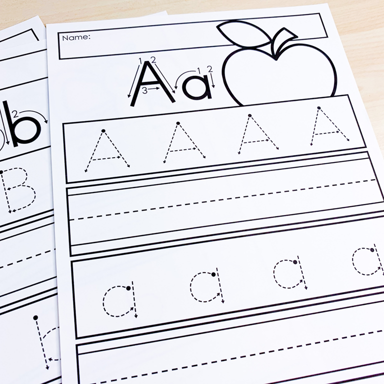 Alphabet tracing worksheet with dotted letters and apple outline