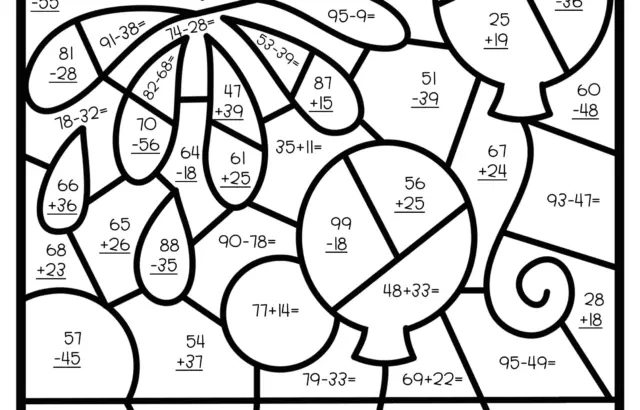 Addition and subtraction color-by-number worksheet with balloons