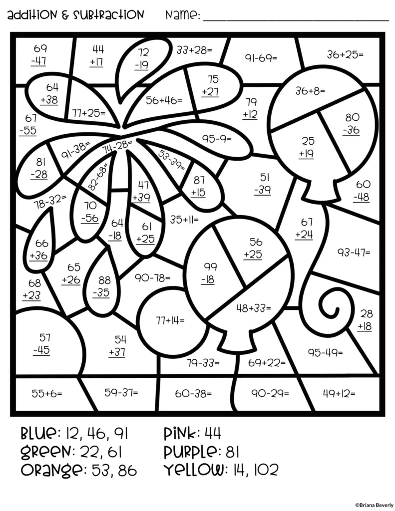 Addition and subtraction color-by-number worksheet with balloons