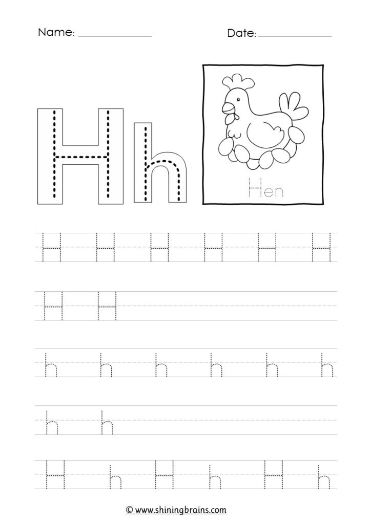 Letter H tracing worksheet with hen drawing