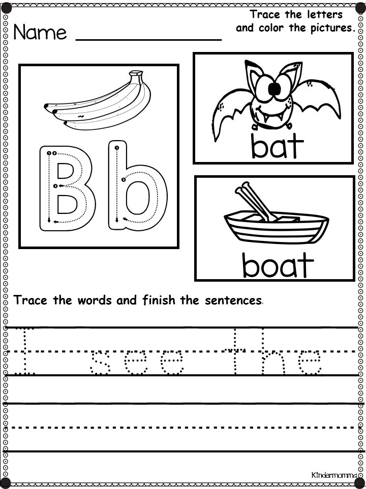 Printable alphabet tracing worksheet with banana, bat, boat.
