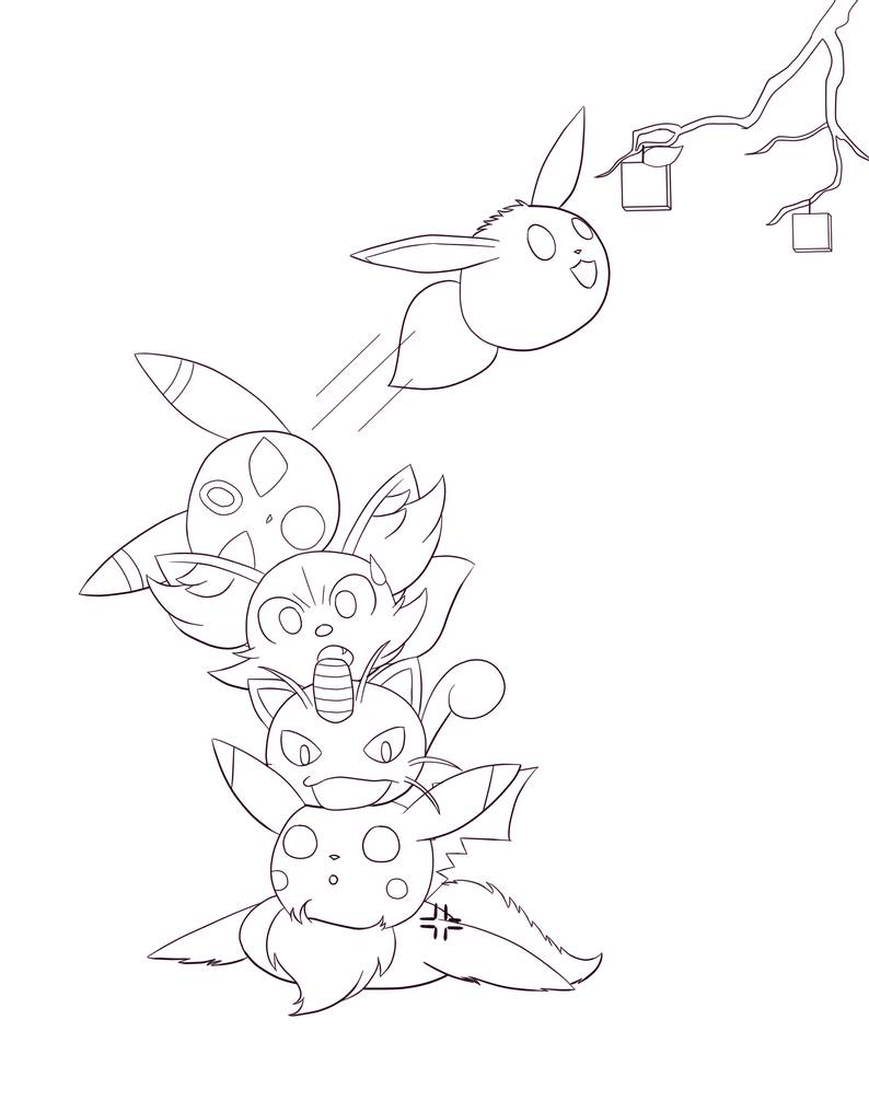Five cartoon creature line drawings stacked vertically