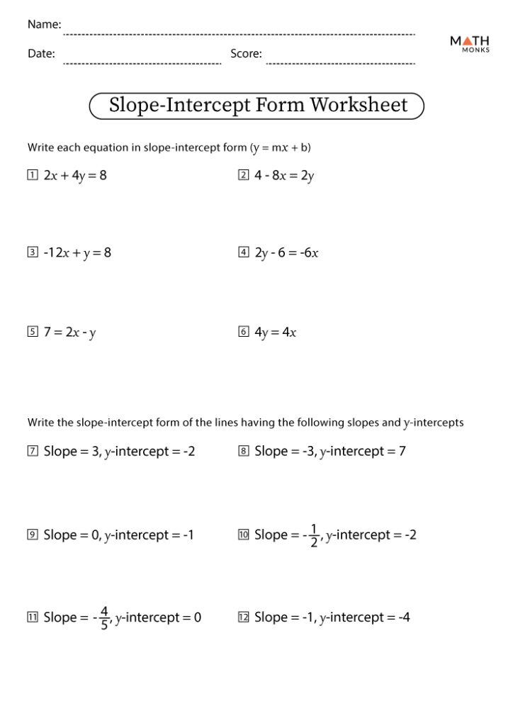 Slope-intercept form math worksheet with equations and blanks