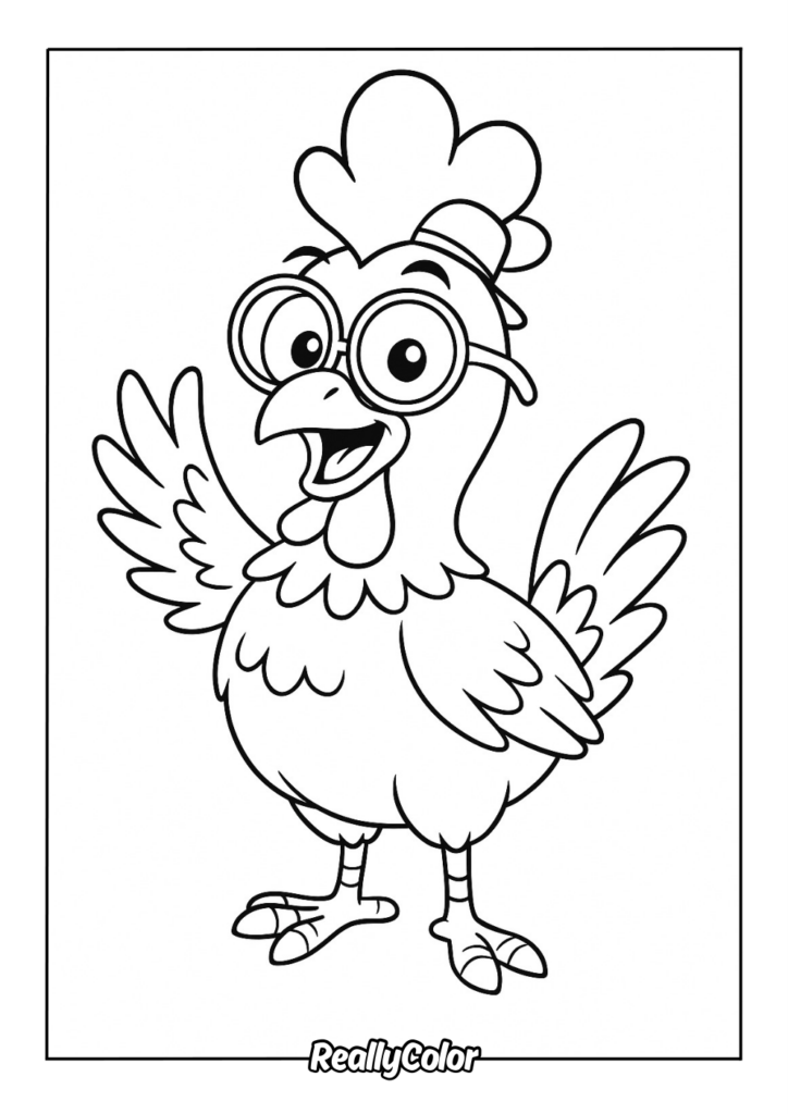 Cartoon chicken with glasses, standing inside a border