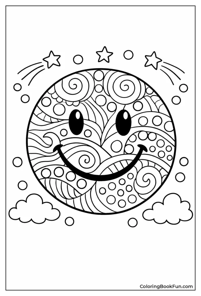 Decorative smiling moon face with stars and clouds