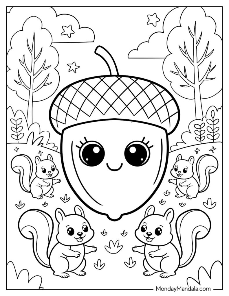 Cute acorn with four squirrels in forest scene
