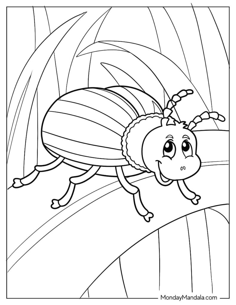 Cartoon beetle on grass, black-and-white coloring page