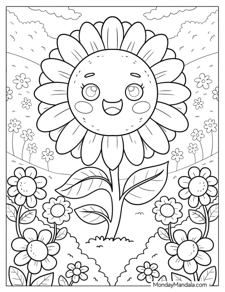 Cute smiling sunflower in a flower-filled coloring page