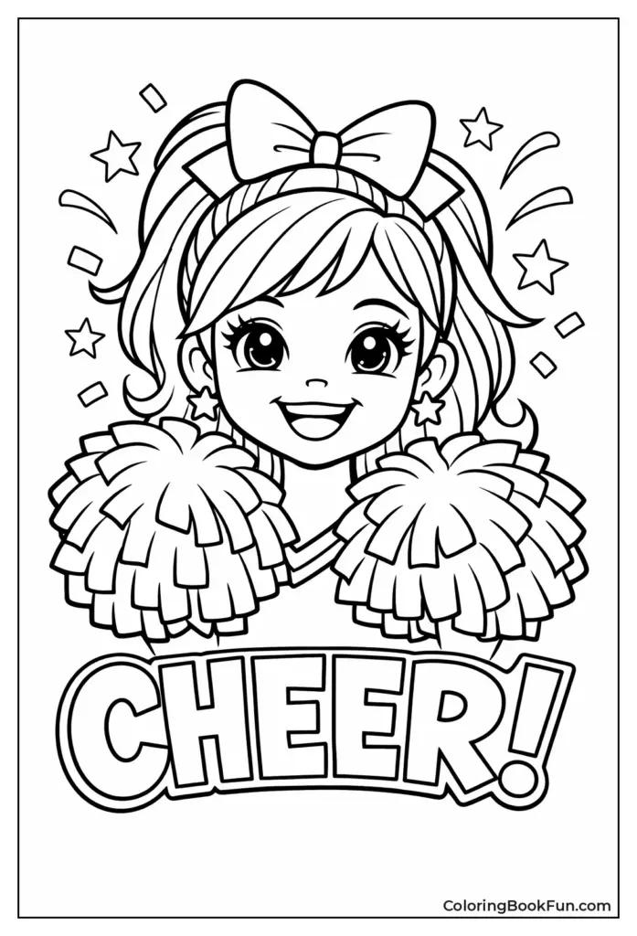 Cheering cartoon girl with pom-poms and bow