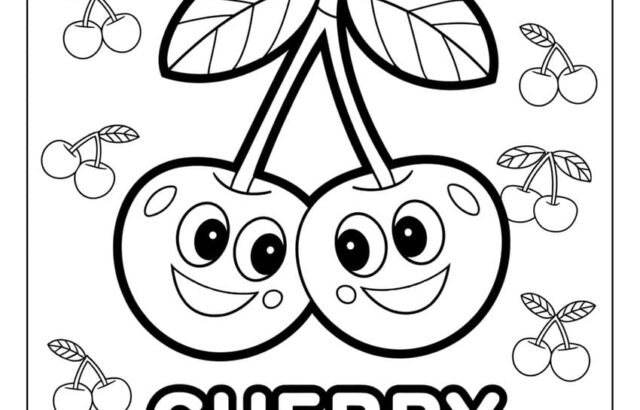 Cherry coloring page with cartoon smiling cherries