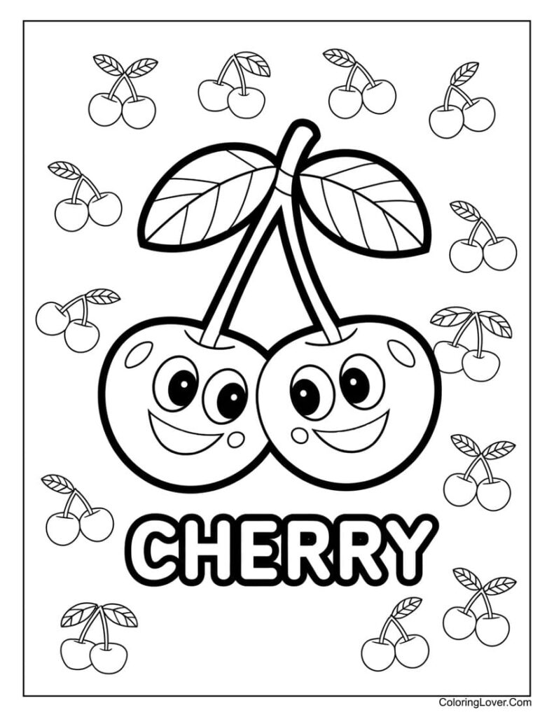 Cherry coloring page with cartoon smiling cherries