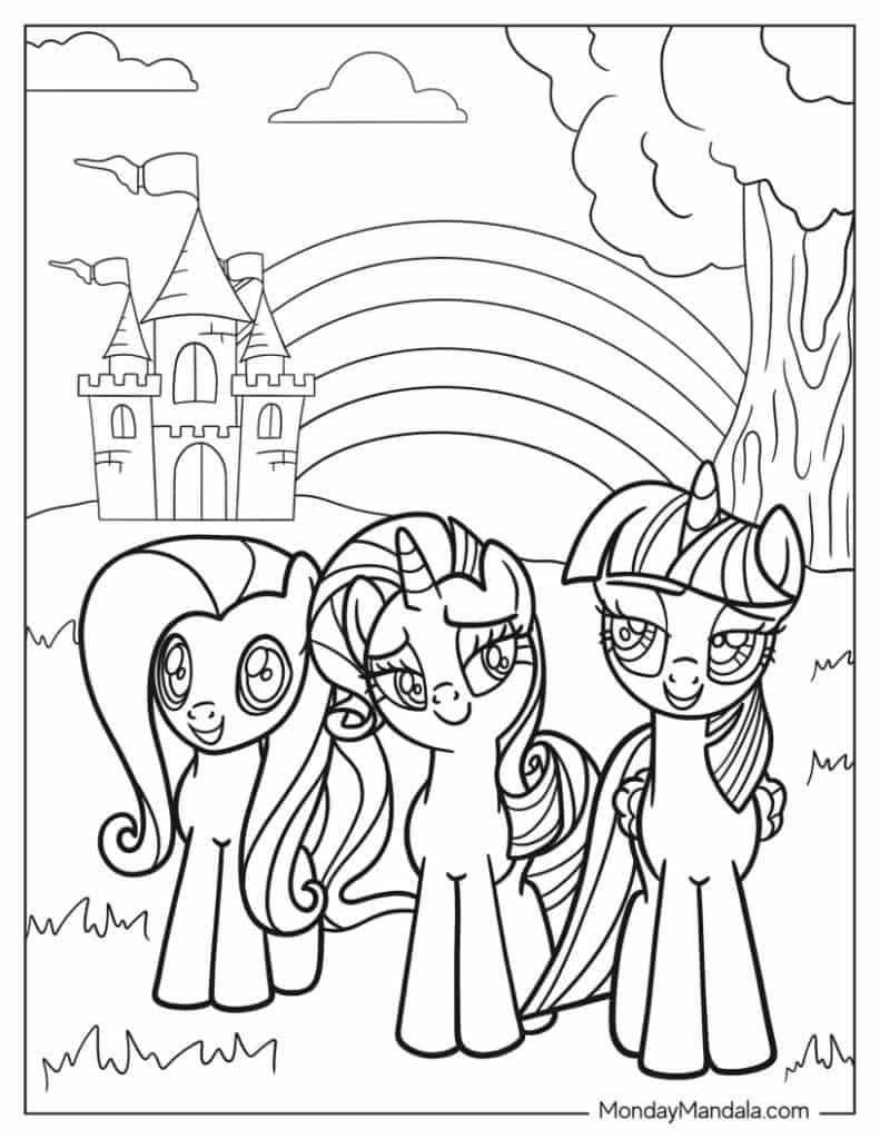 Three cartoon ponies in front of a castle and rainbow