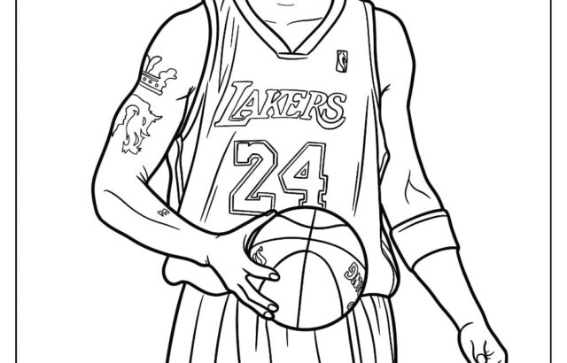 Black-and-white drawing of a Lakers basketball player holding a ball