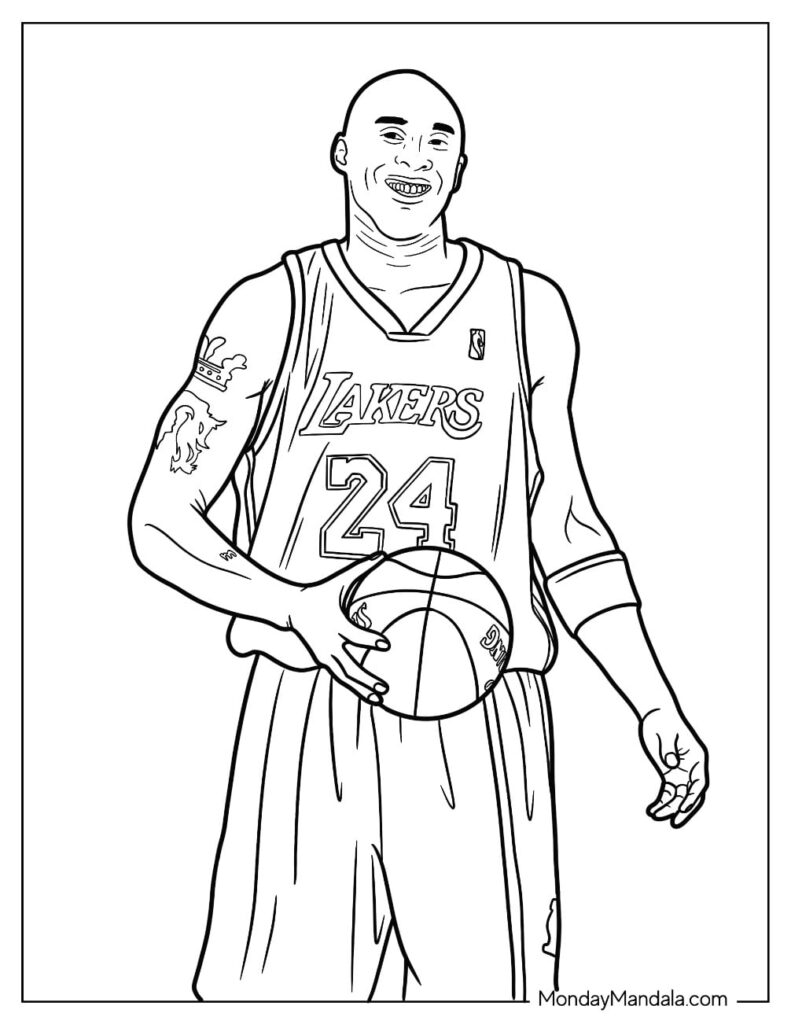 Black-and-white drawing of a Lakers basketball player holding a ball