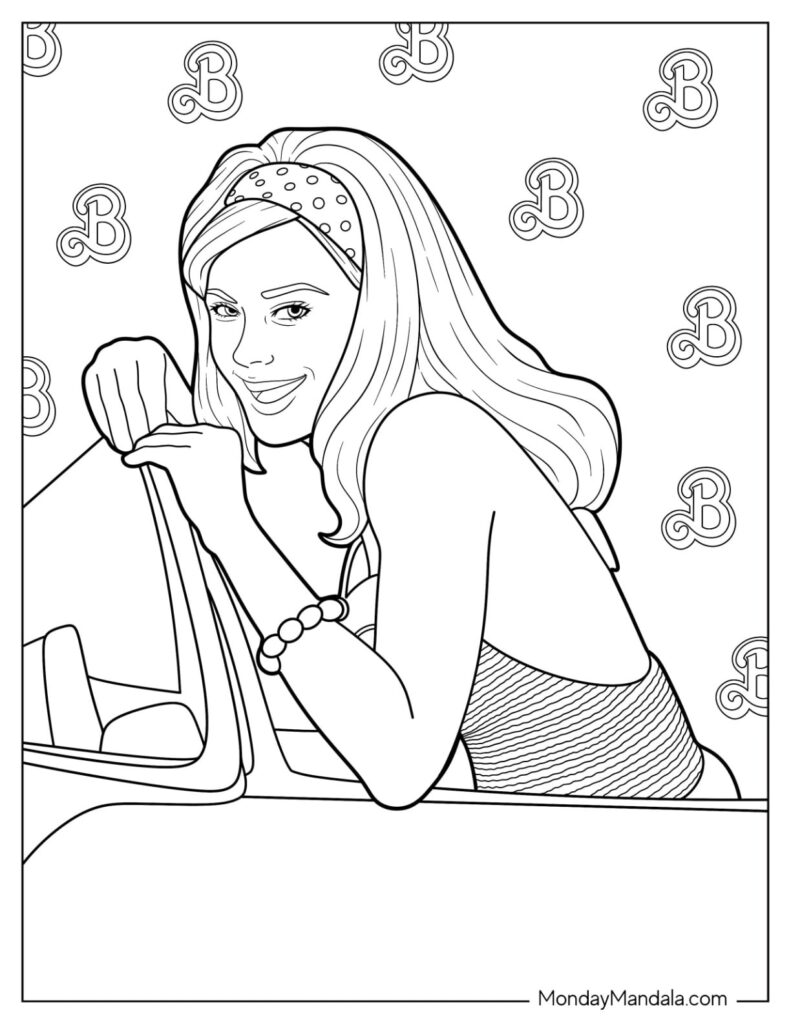 Black-and-white coloring page of a smiling woman in a car