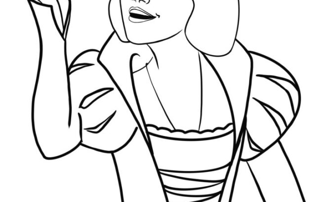 Line drawing of a woman in a dress, raising her hand