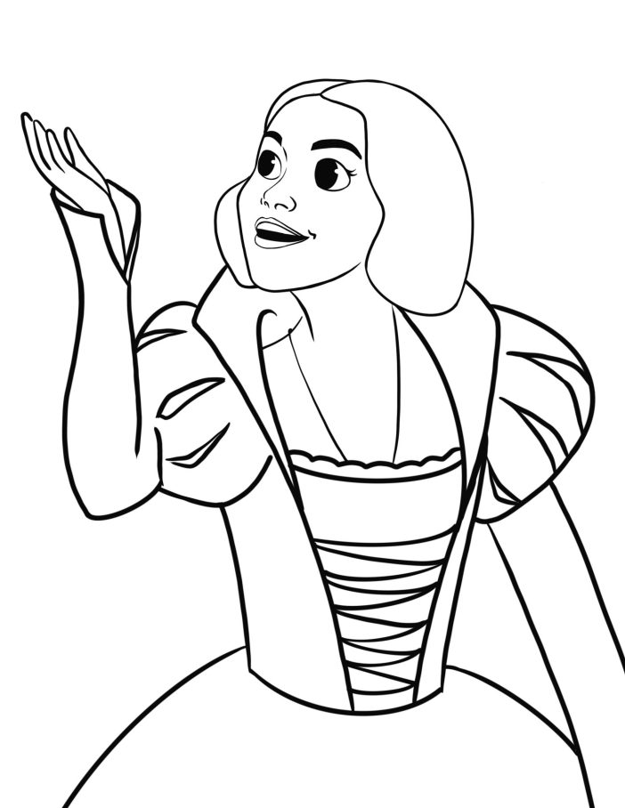 Line drawing of a woman in a dress, raising her hand