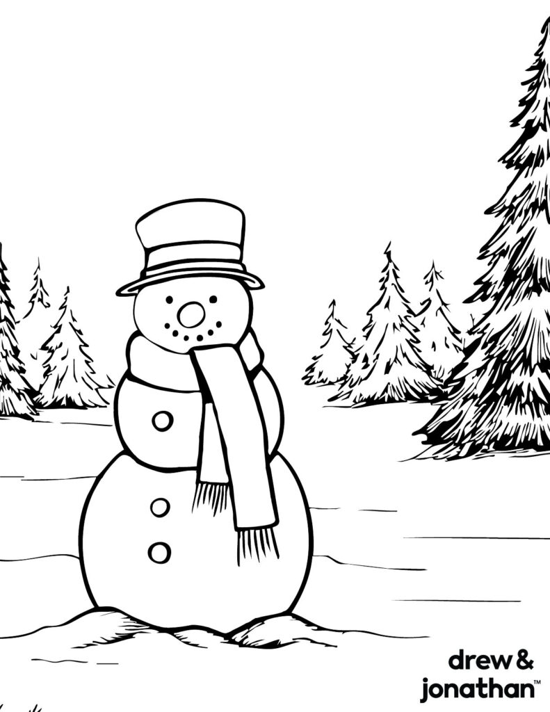 Snowman with scarf in snowy pine forest