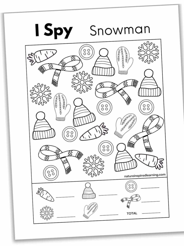 Snowman-themed I Spy worksheet with winter icons and blanks