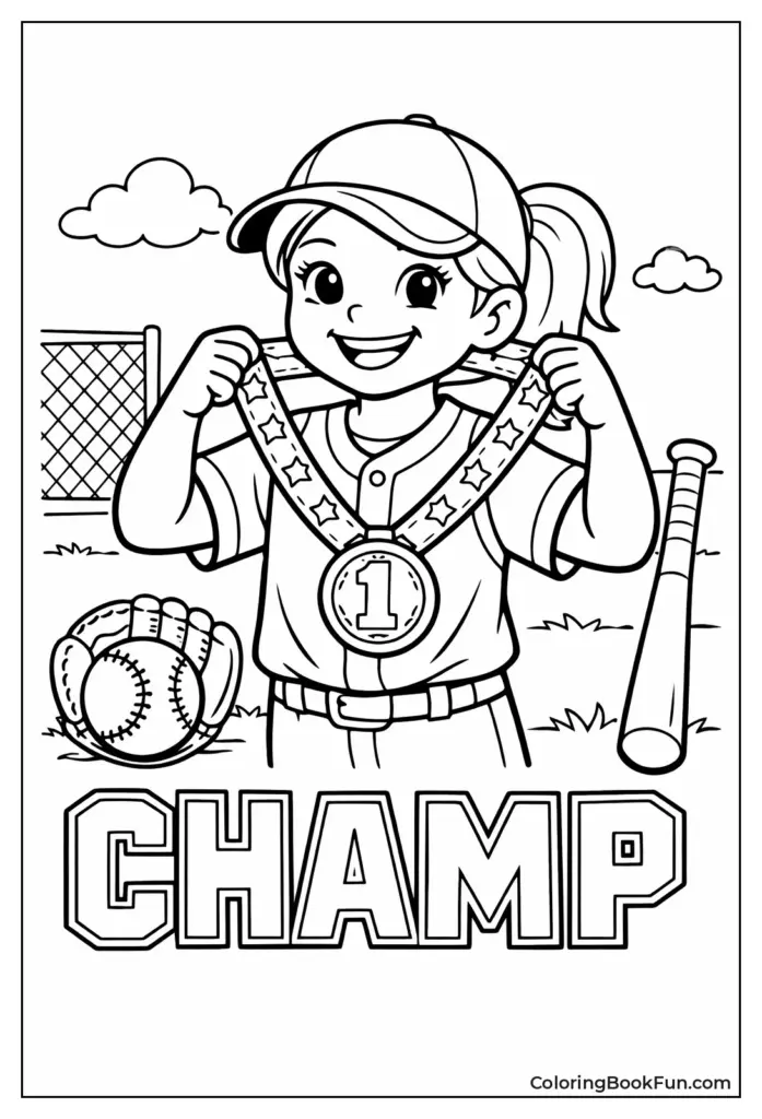 Smiling softball player holding medal and bat, CHAMP text