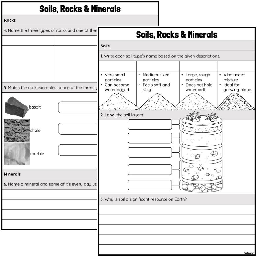 Two overlapping soils, rocks, and minerals worksheets