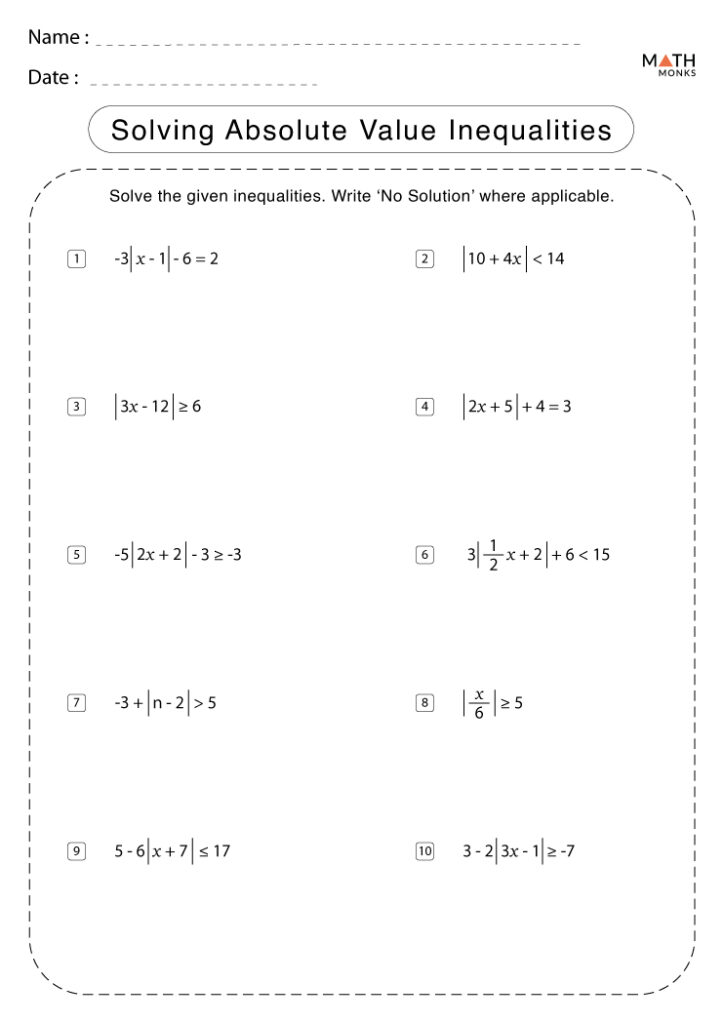 Math worksheet titled Solving Absolute Value Inequalities