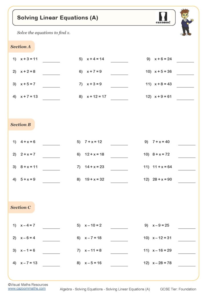 Printed math worksheet for solving linear equations sections A-C