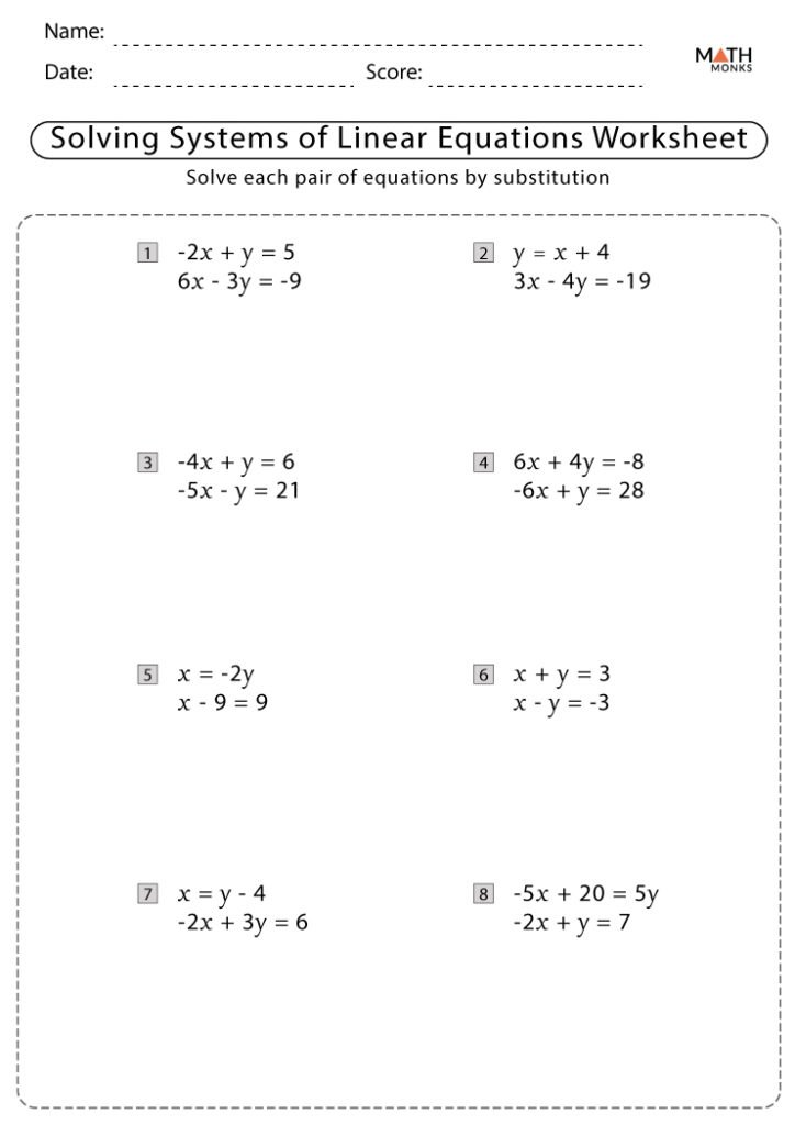 Math worksheet with linear equation systems problems