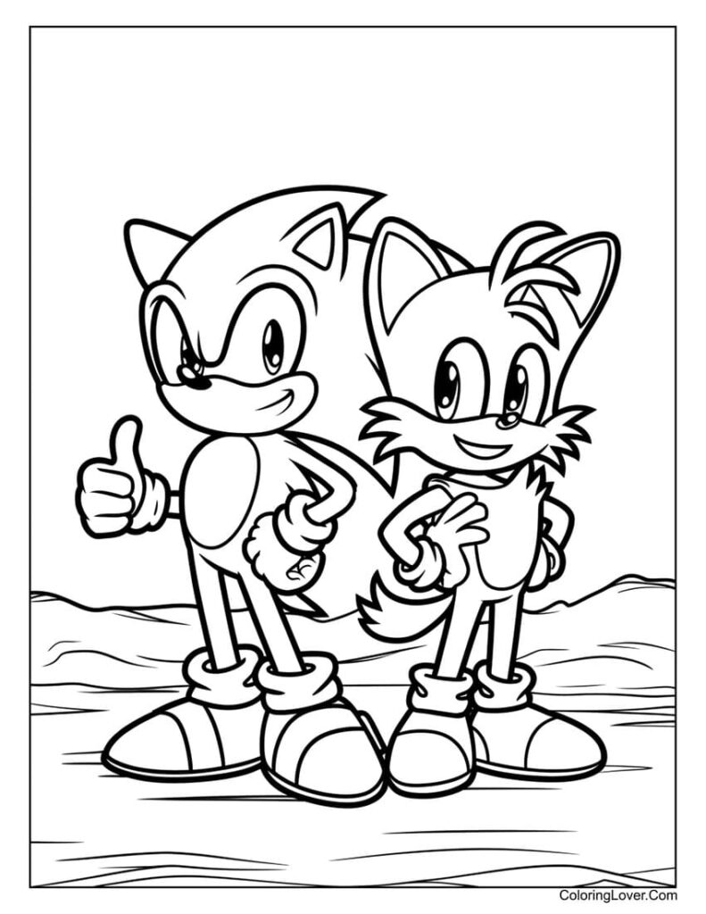 Black-and-white cartoon of Sonic and Tails standing together