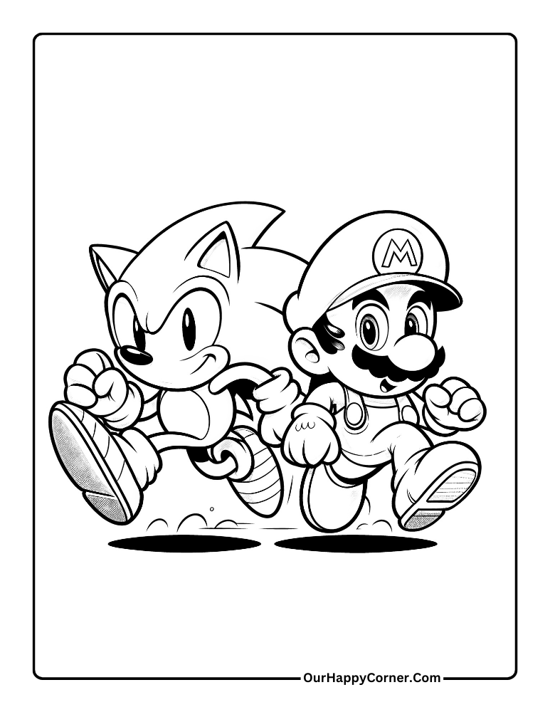 Black-and-white Sonic and Mario running together in frame