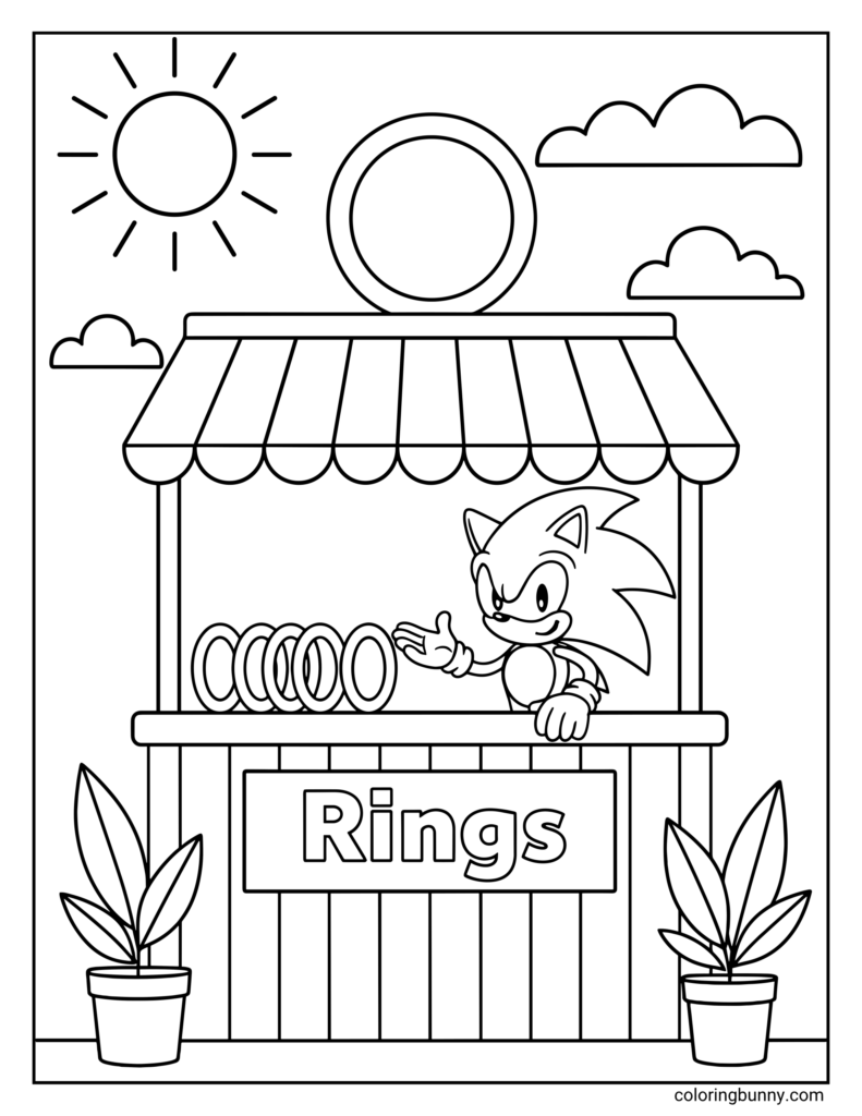 Sonic at ring booth with sun, clouds, and plants