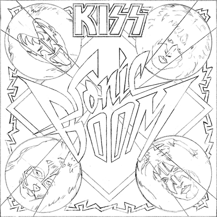 Kiss logo coloring page with four faces