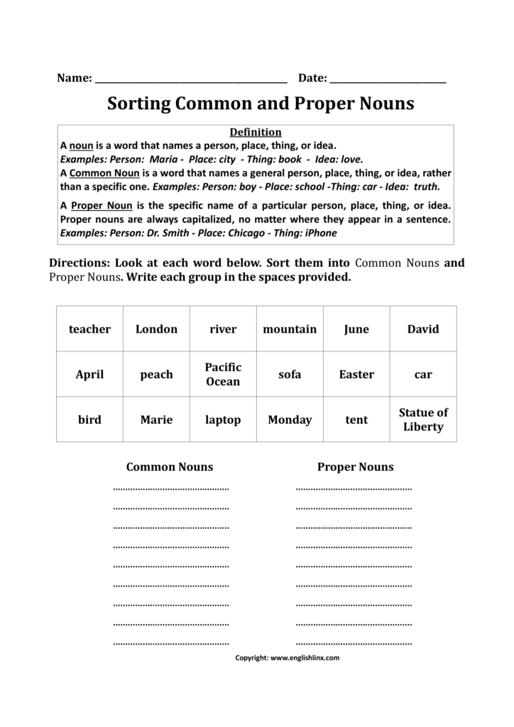 Grammar worksheet about sorting common and proper nouns