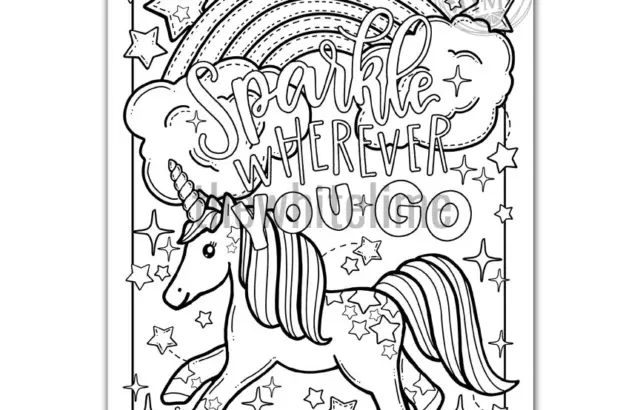 Unicorn coloring page with rainbow and stars