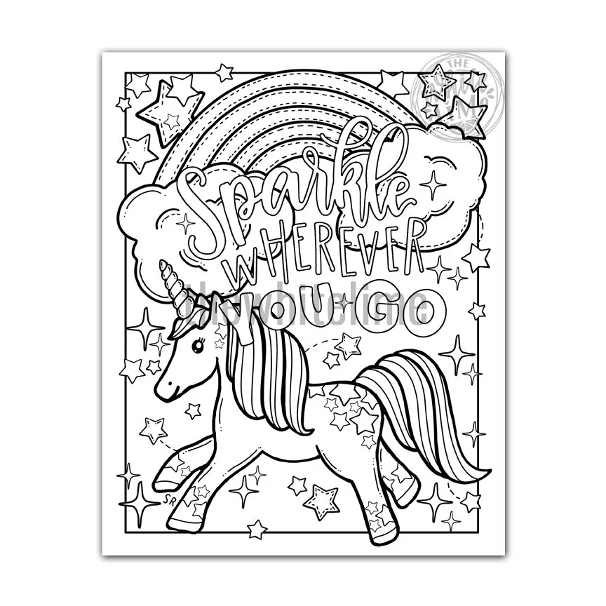 Unicorn coloring page with rainbow and stars