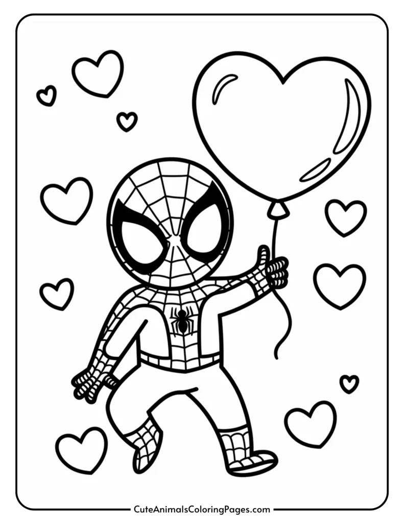 Spider-Man holding a heart-shaped balloon, surrounded by hearts