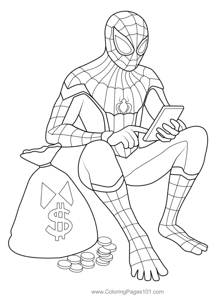 Spider-Man sitting with money bag, coins, and tablet