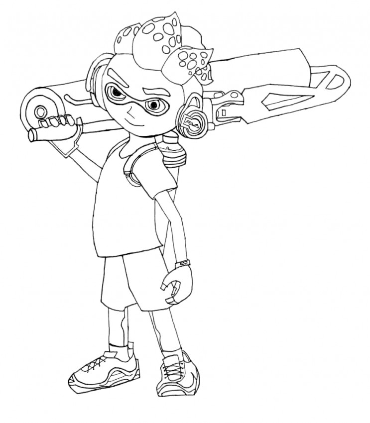 Black-and-white cartoon child holding a skateboard overhead