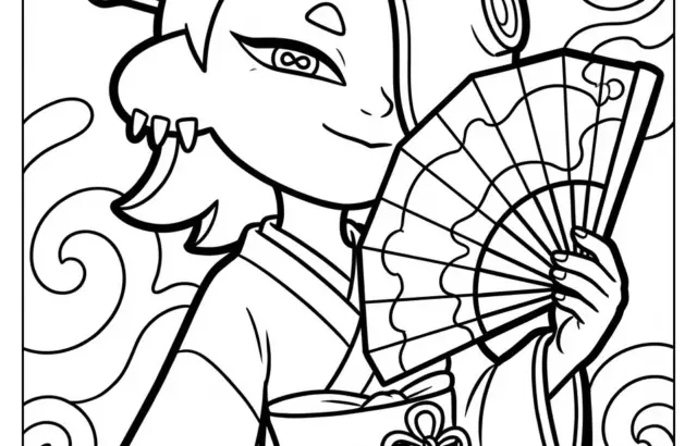 Black-and-white drawing of a kimono-clad character with fan